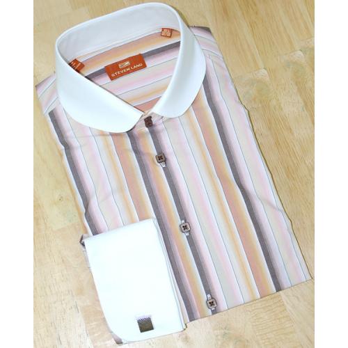 Steven Land  Brown/Beige/Light Pink Multi Stripes 100% Cotton Dress Shirt